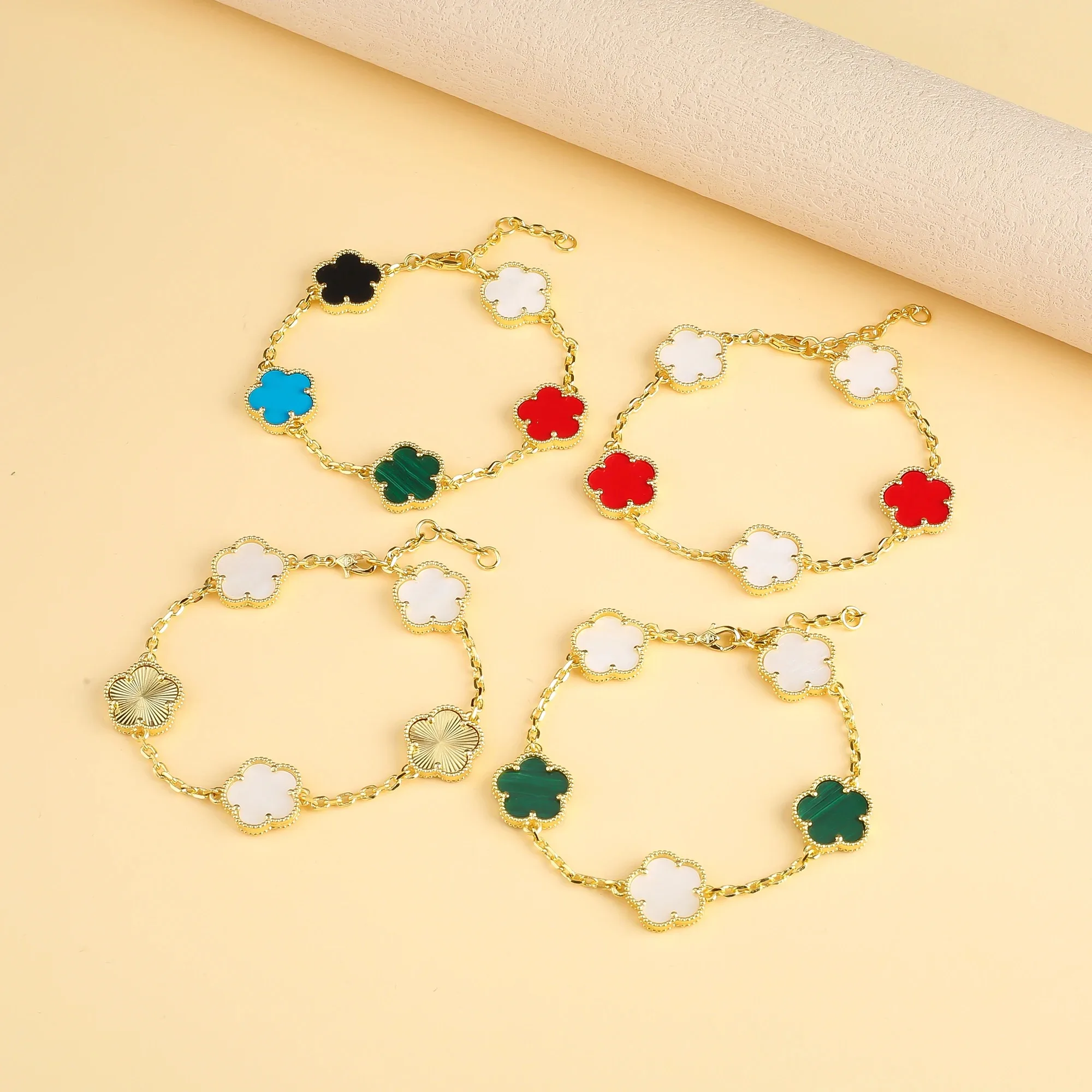 New fashion jewelry five-leaf flower double-sided natural stone bracelet Women's holiday dance party daily wear shamrock