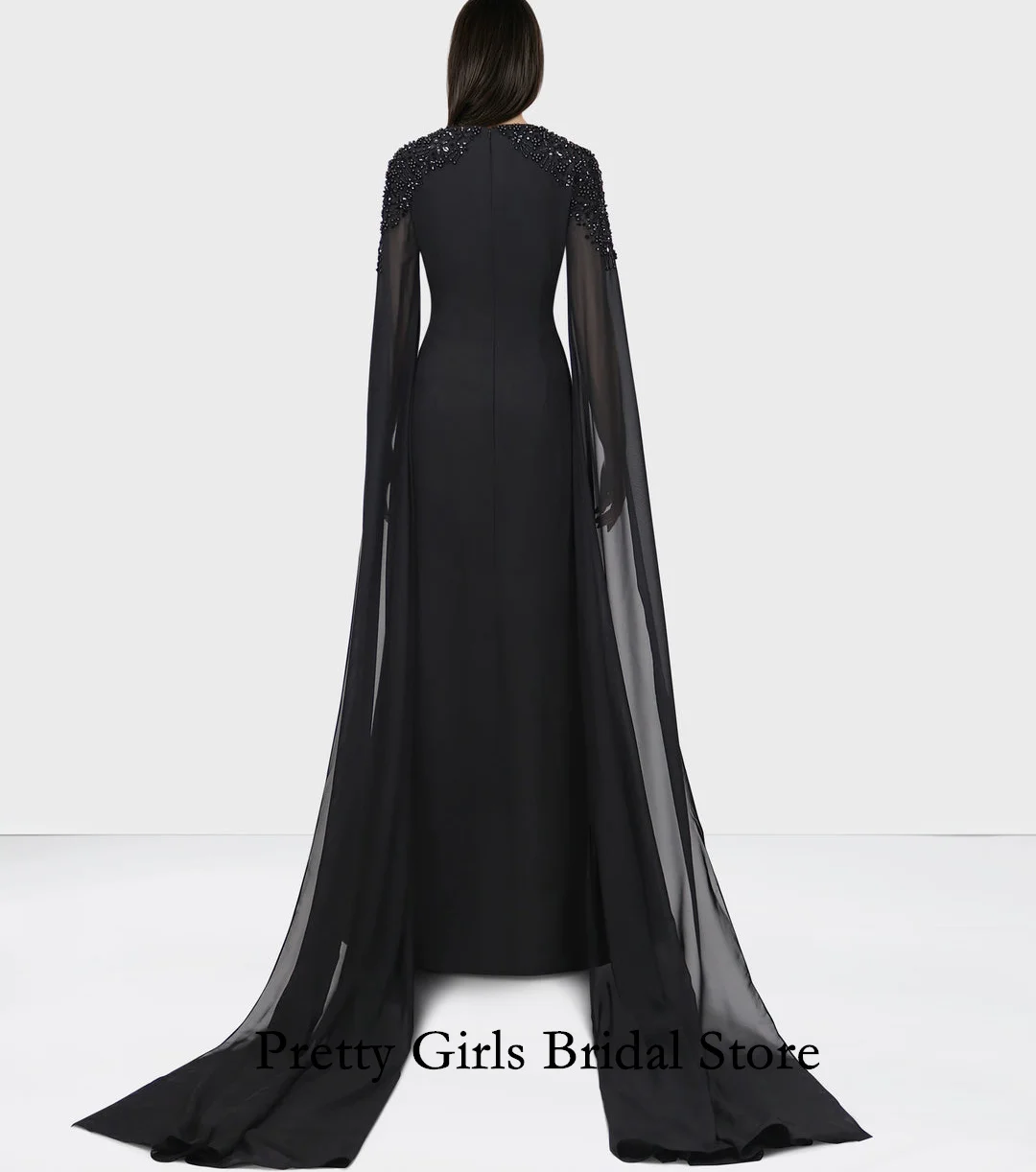 Arabic Morden Style Boat Neck Beaded Shoulder Evening Dresses With Cape Sleeves Crepe Satin Formal Prom Growns Party Women Bride