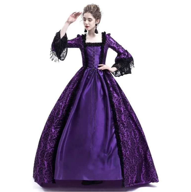 S-5XL Plusieurs Couleurs Rétro Médiéval Renaissance Palais Robe avec Dentelle Splice Jupe Scène Performance Robe Longue De La Reine