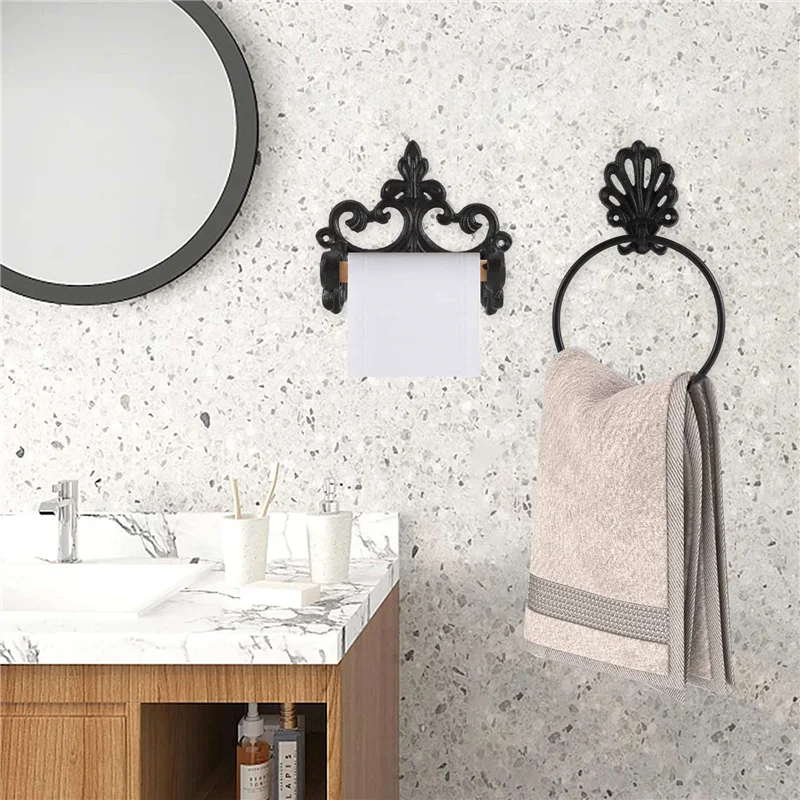A69eblack Toilet Roll Holder Towel Holder Set,Bathroom Cast Iron Towel Ring Toilet Roll Holder Wall Mounted, Vintage Design