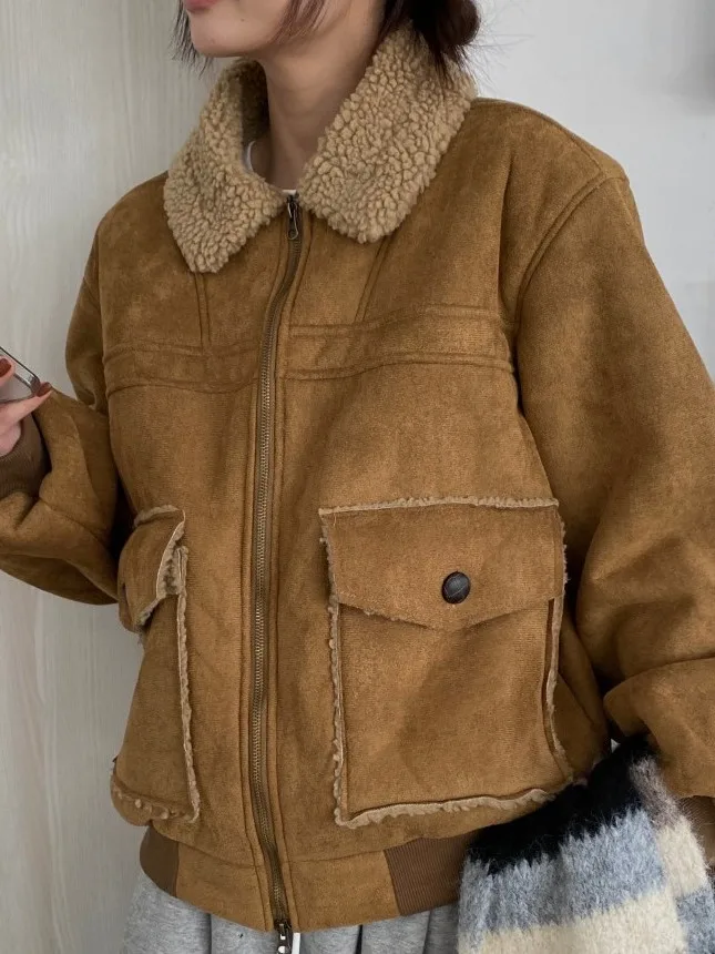 

Retro Korean Sle Women's Warmth Outerwear Deer Skin Velvet Loose Coat Autumn Winter New Hong Kong Sle Design Trendy Butto...