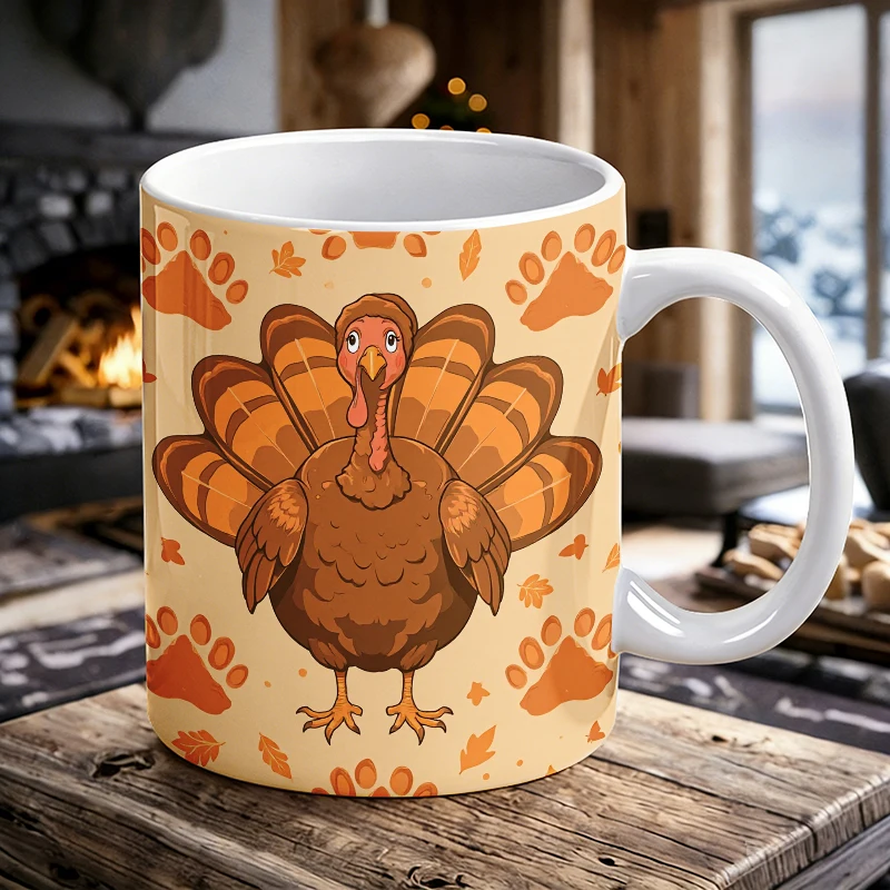

11 oz cartoon turkey handle ceramic mug, full-pattern coffee mug, insulated milk cup, office water cup, fade-resistant