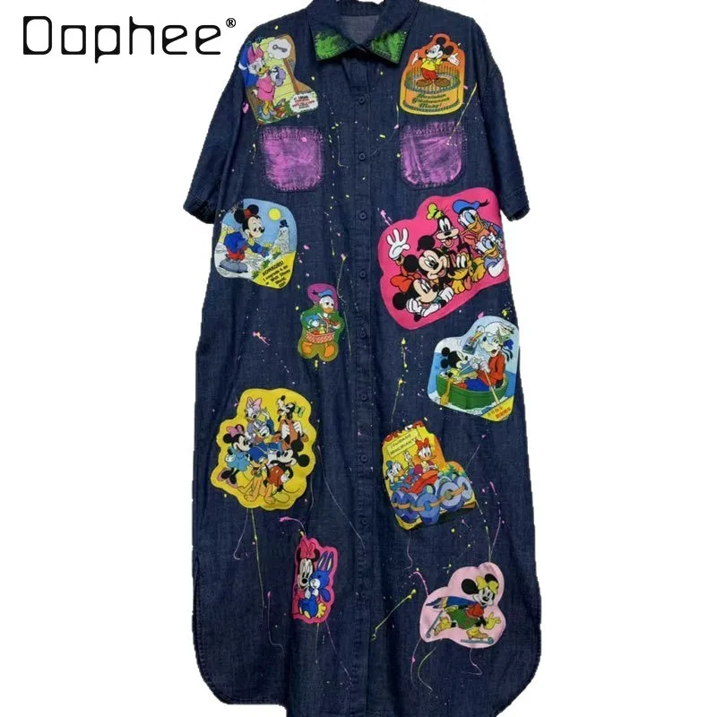 

2025 Summer New Cartoon Patch Beaded Denim Jacket for Women Mid-Length Loose Slimming Top Short Sleeve Women Clothing