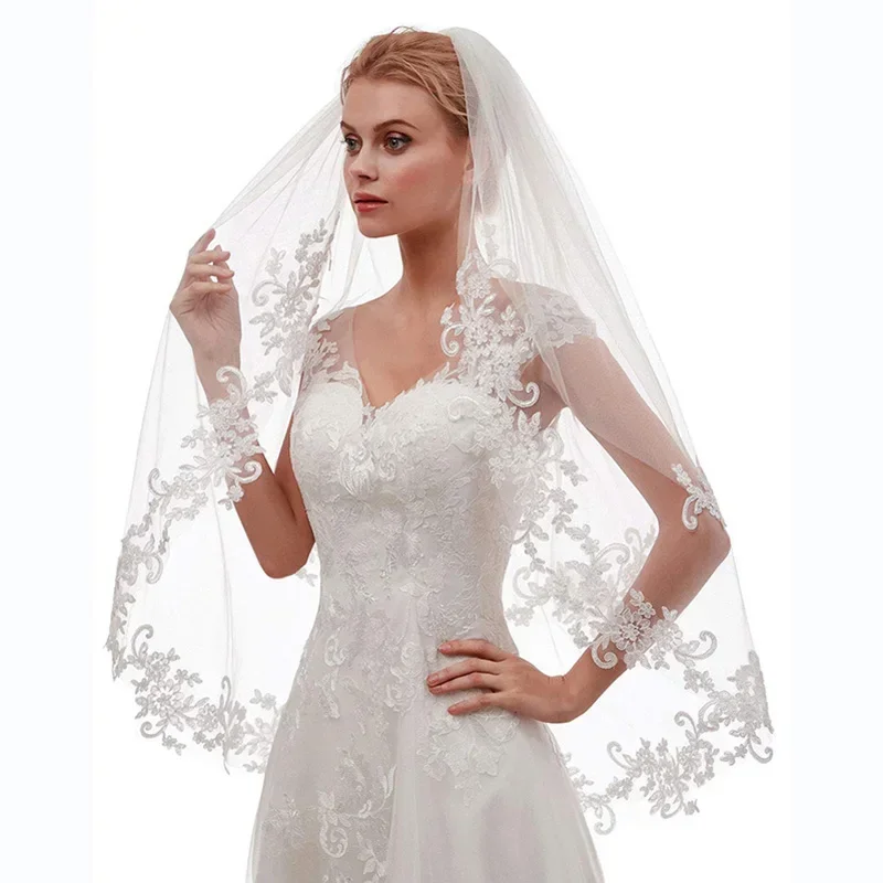 Wedding Bridal Veil 2 Tier Flower Lace Applique Edge Fingertip Length Tulle Veil with Comb for Brides