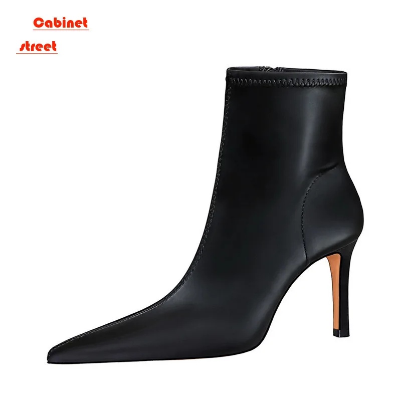 

Fashion Winter Shoes High Quality Soft PU Leather Socks Women Ankle Snow Boots Street Style Pointed Toe Thin Heels Ladies