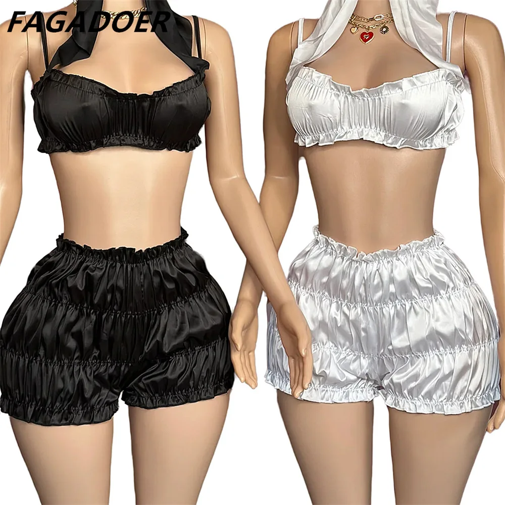 FAGADOER White Sexy Pleat Women Outfits Sets 2024 Fashion Sexy Suspender Tube Top and Ruched Shorts Matching Set