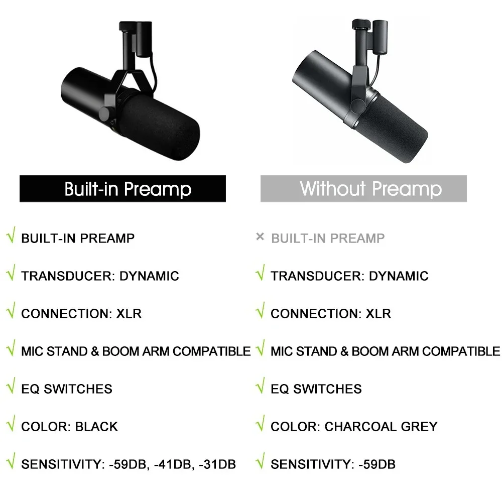คุณภาพสูง SM7DB ไมโครโฟนแกนนําแบบไดนามิกเลือกการตอบสนองความถี่ในตัว Preamp สําหรับ Home Podcasting การบันทึก Broadcasting