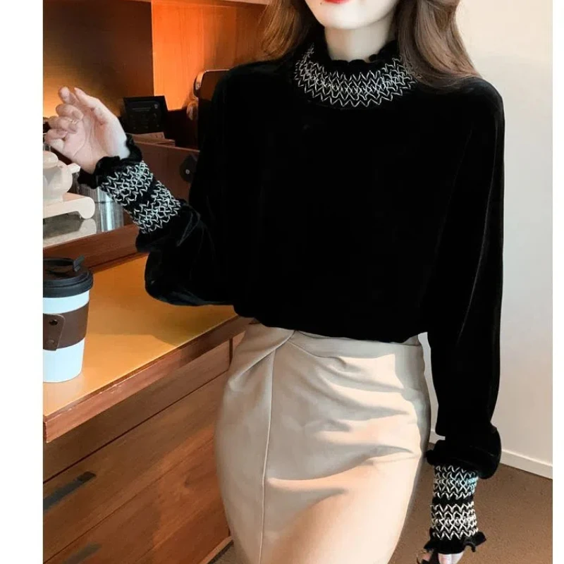 French Style Fashion Autumn Winter Women\'s Golden Velvet Mock Neck Patchwork Simplicity Office Lady Long Sleeve Loose Shirts Top