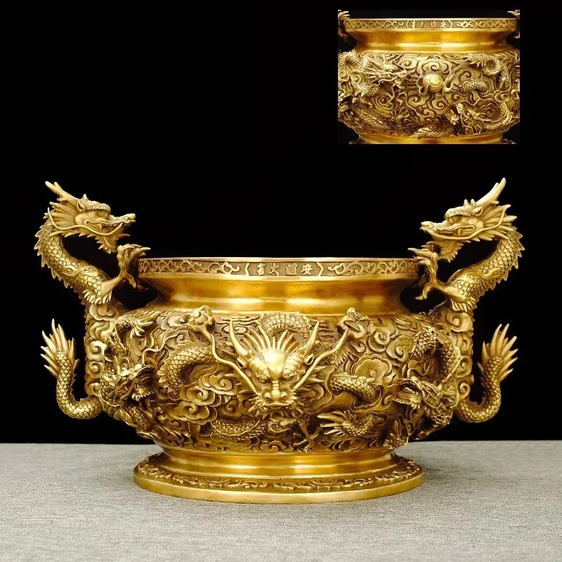 Solid Brass Nine Dragon Incense Burner Twin Dragon Handle Wealth Basin Indoor Ancestor Hall Worship Craft Furnishing