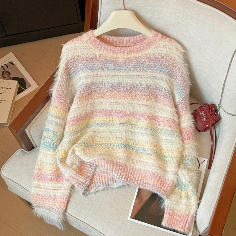 Pink Stripe Sweater Pullover Winter Women's Clothing Stylish Cashmere Cozy Chunky Knit Sweater Cold WeatherJacket Female Tops