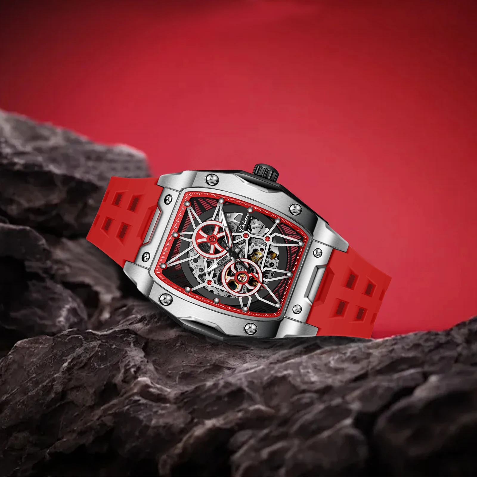 

Dlunwe мужские часы модные наручные часы с бочкой красного вина 30 м водонепроницаемые светящиеся полые механические автоматические часы для мужчин