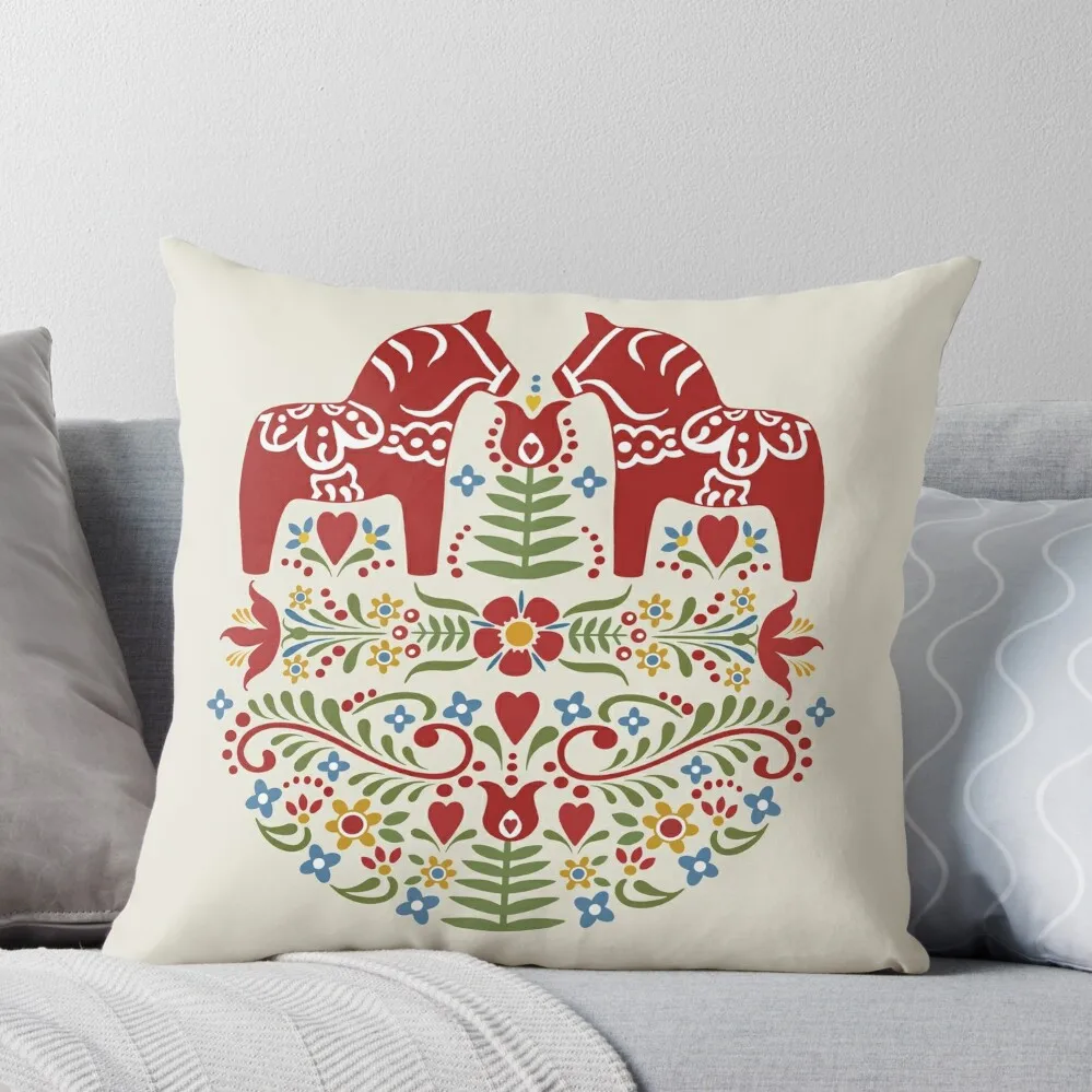 Scandinavian Dala Horse, Swedish Folk Art Throw Pillow Covers For Sofas Marble Cushion Cover Throw Pillow