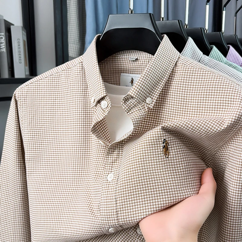 High end Brand 100% cotton long sleeve shirt men's fashion checkered new luxury pony embroidery casual comfort autumn golf top
