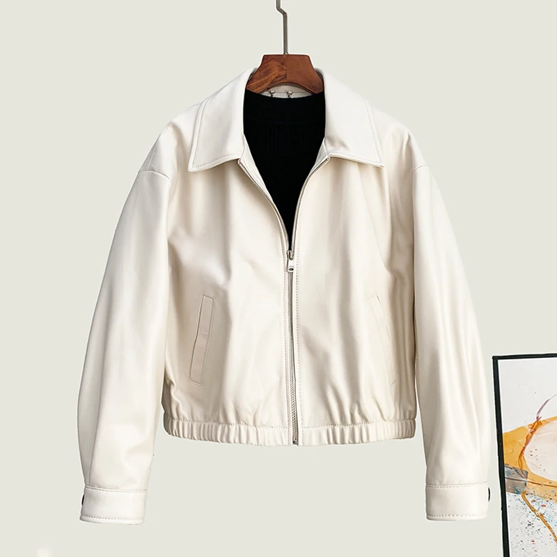 2025 automne hiver veste en peau de mouton manteaux pour femmes mode Simple fermeture éclair taille élastique femme en cuir véritable veste décontractée hauts