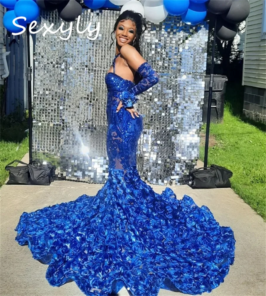 Shine Royal Blue Prom Dresses 2025 Halter Sequin Mermaid Evening Gown For Black Women 3D Florals Birthday Party Customized