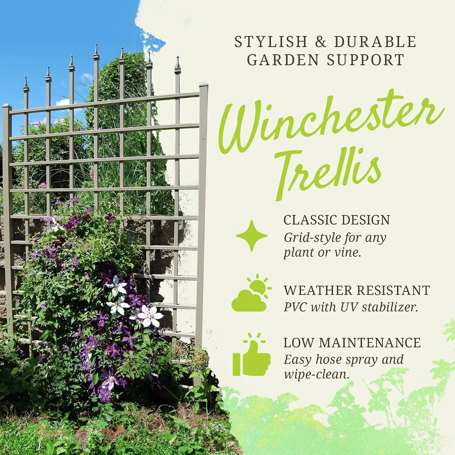 Mocha‑Finish PVC Vinyl Outdoor Garden Patio Trellis, 57×95 Inch Decorative Plant Support Frame with Included Wall‑Mounting Screws for Climbing Vines and Flower Landscaping