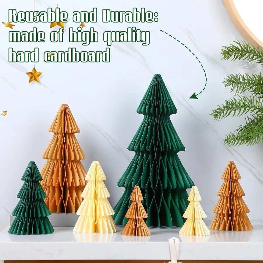 7 Pcs Neutral Christmas Tree Honeycomb Centerpiece Minimalist 3D Paper Trees Centerpiece Modern Christmas Decor Rustic Reusable