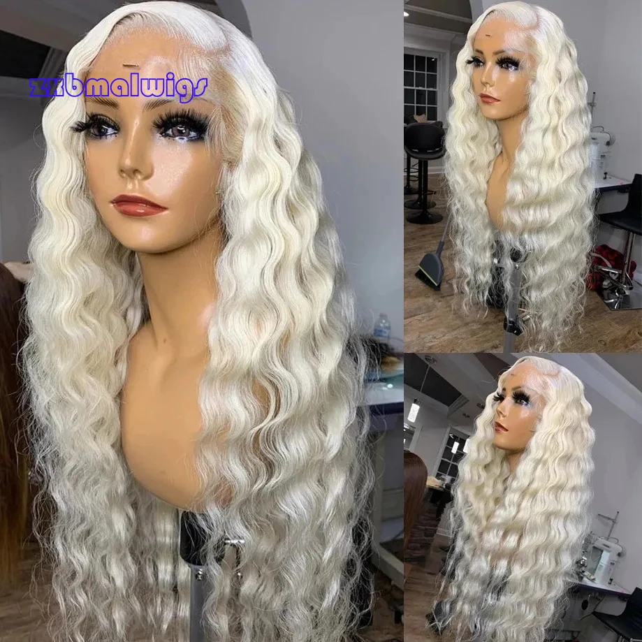 White Blonde Deep Wave Synthetic Hair 13X4 Lace Frontal Wig For Women Glueless Fiber Hair Transparent Lace Wigs