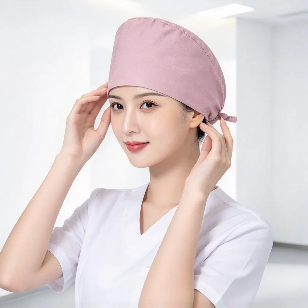Unisex Solid Scrub Cap with Tie Back,Cotton Working Hat, Reusable Surgical Cap for Doctor Nurse Dentist Salon Skincare