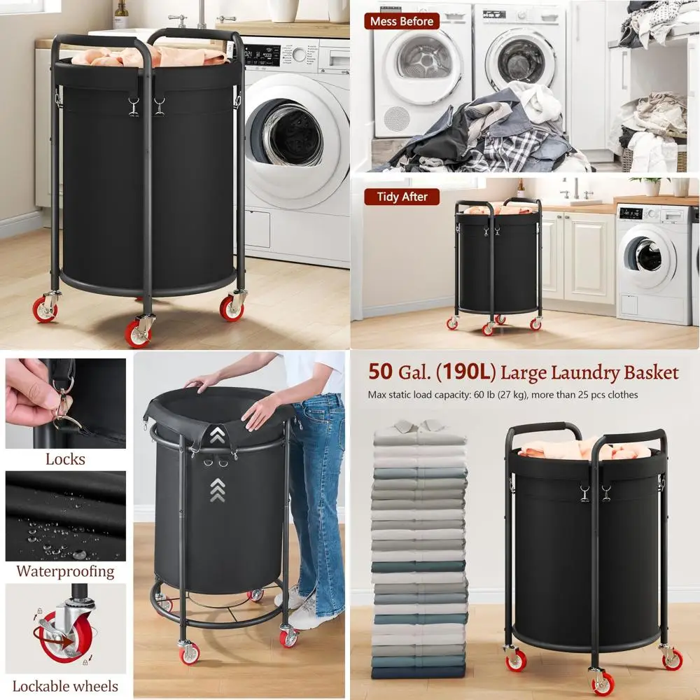 

Rolling Laundry Hamper 50 Gallon Capacity with 4 Wheels, Removable Liner, Space-Saving Round Sorter Cart for Efficient Laundry O