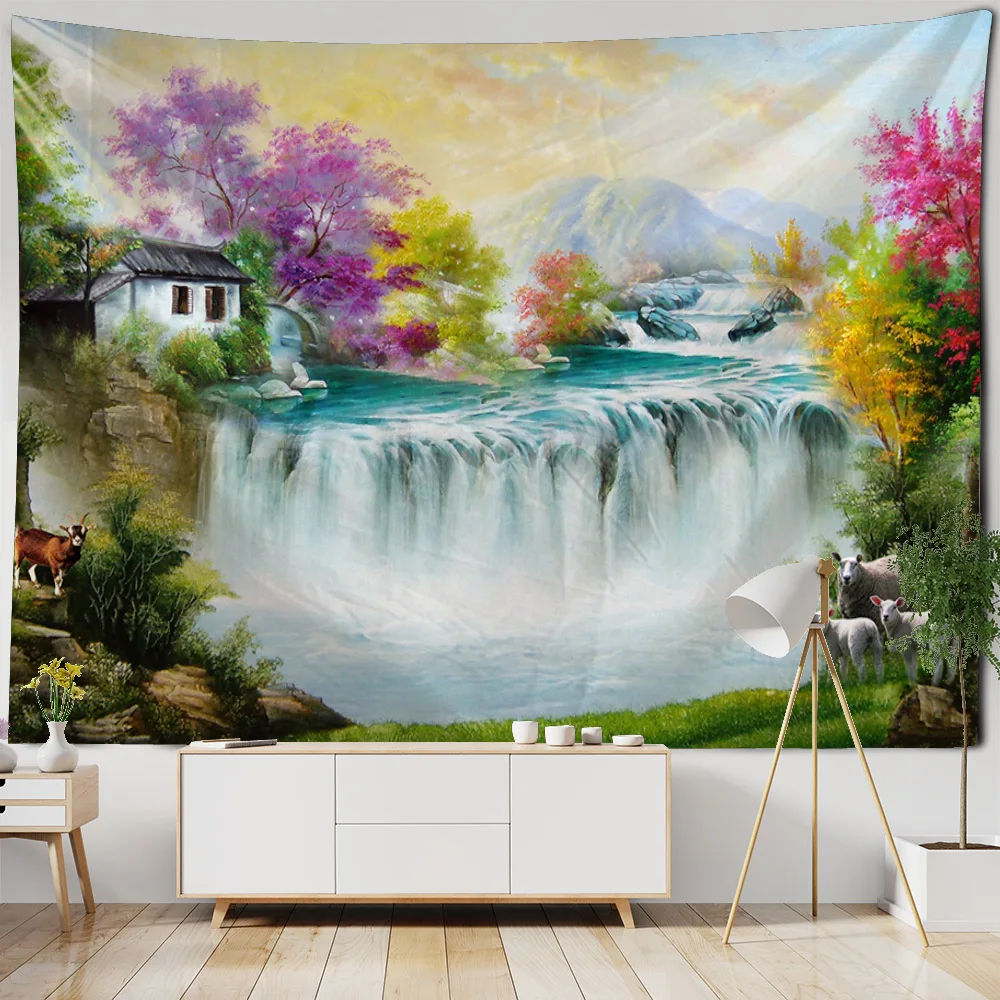 Vintage Landscape Oil Painting Tapestry Park Lotus Wall Hanging Cloth Paradise Bohemian Home Decoration Living Room Bedroom