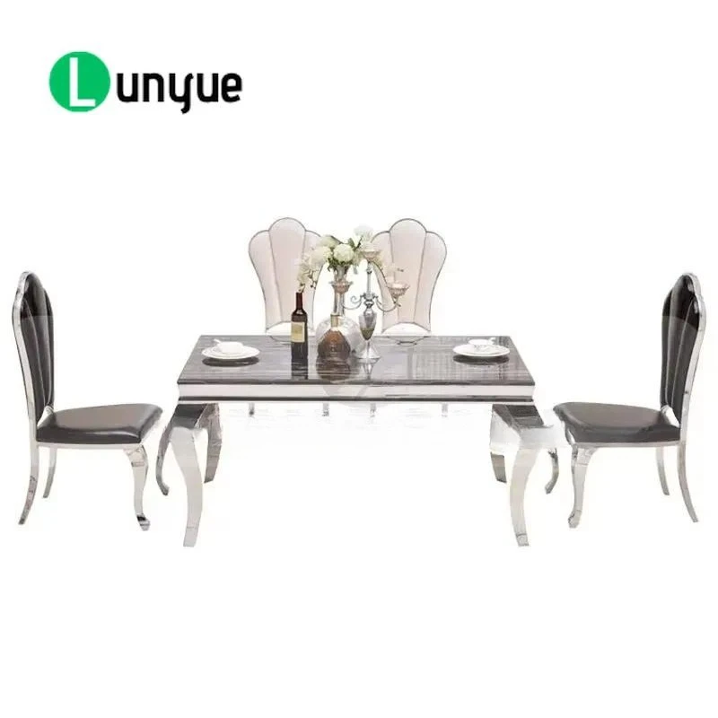 Modern European Style Dining Table Set Stainless Steel Glass Marble Top for Home Villa Apartment Hotel Wholesale Furniture