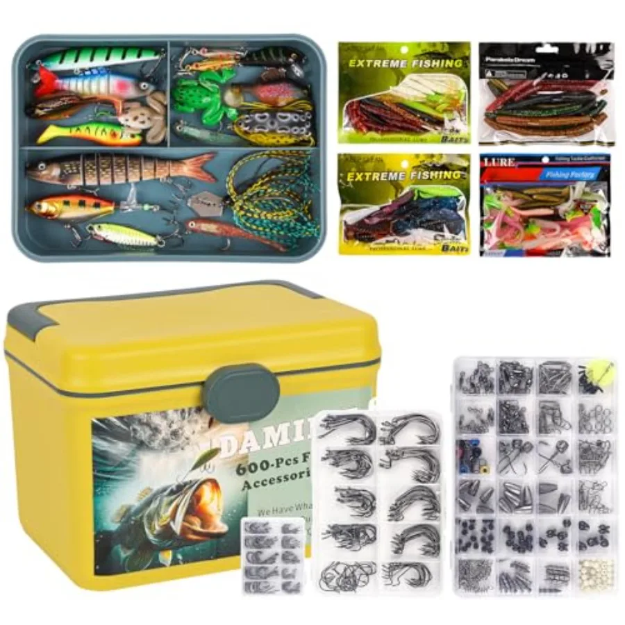 

600 Pcs/Tackle Box Fishing Kit-Fishing HooksSinkers Swivels Snaps Top Water Lure Spoons Soft Lures Jig Heads Frogs Minnow Acces
