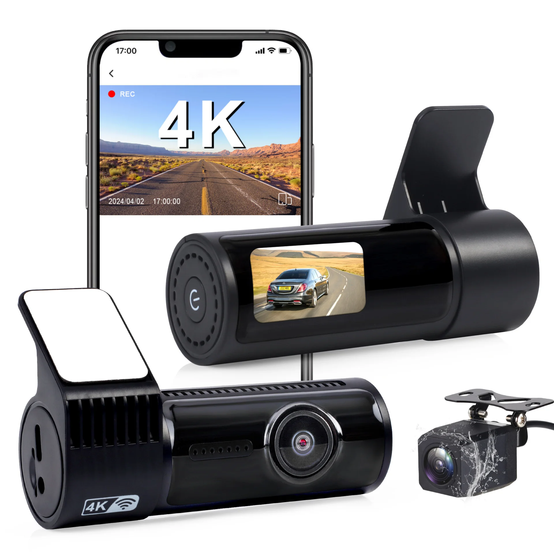 

360-Degree Rotation 4K Ultra HD WiFi Phone-Connected GPS Dual-Recording Dash Cam