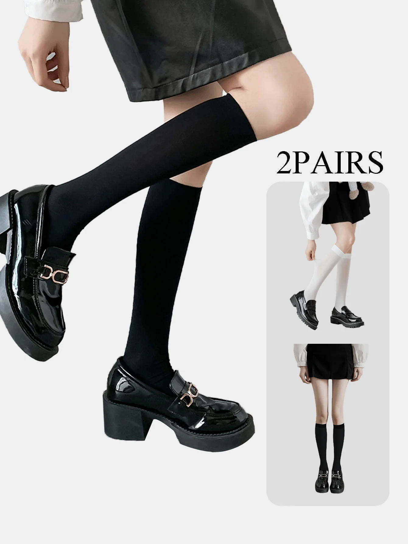 2 Pairs Solid Black White Knee High Socks Soft Stretch Mid Calf Socks Preppy Style Match Mary Janes Skirts For Women