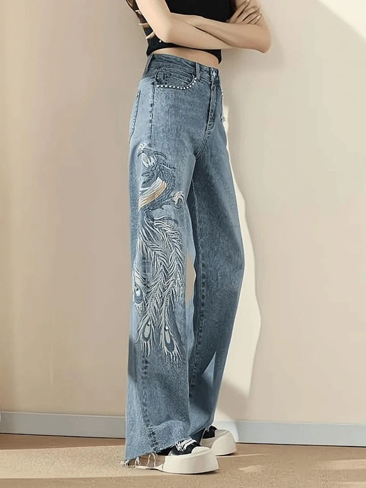 

High Waist Wide Leg Phoenix Embroidery Jeans Women's Summer New Style Loose Straight Cut Slimming Bell Bottoms Denim Pants