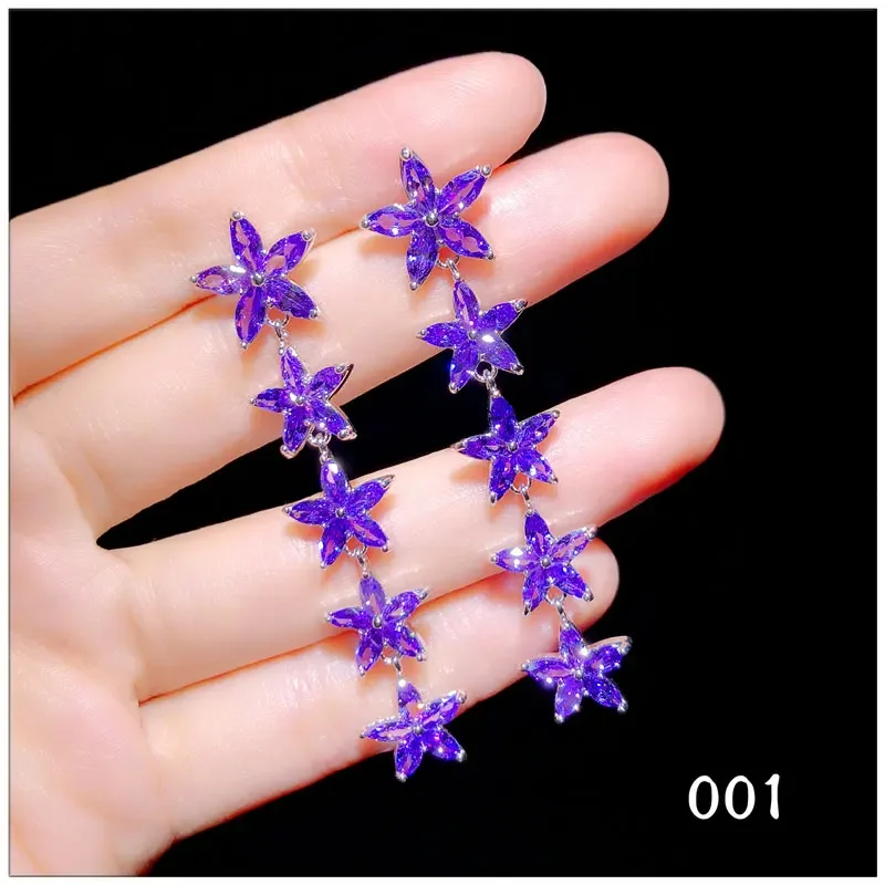 

Drop Earrings For Women Trendy Solid S925 Luxury Purple Cubic Zirconia Long Tassels Fine Jewelry Temperament Bijoux