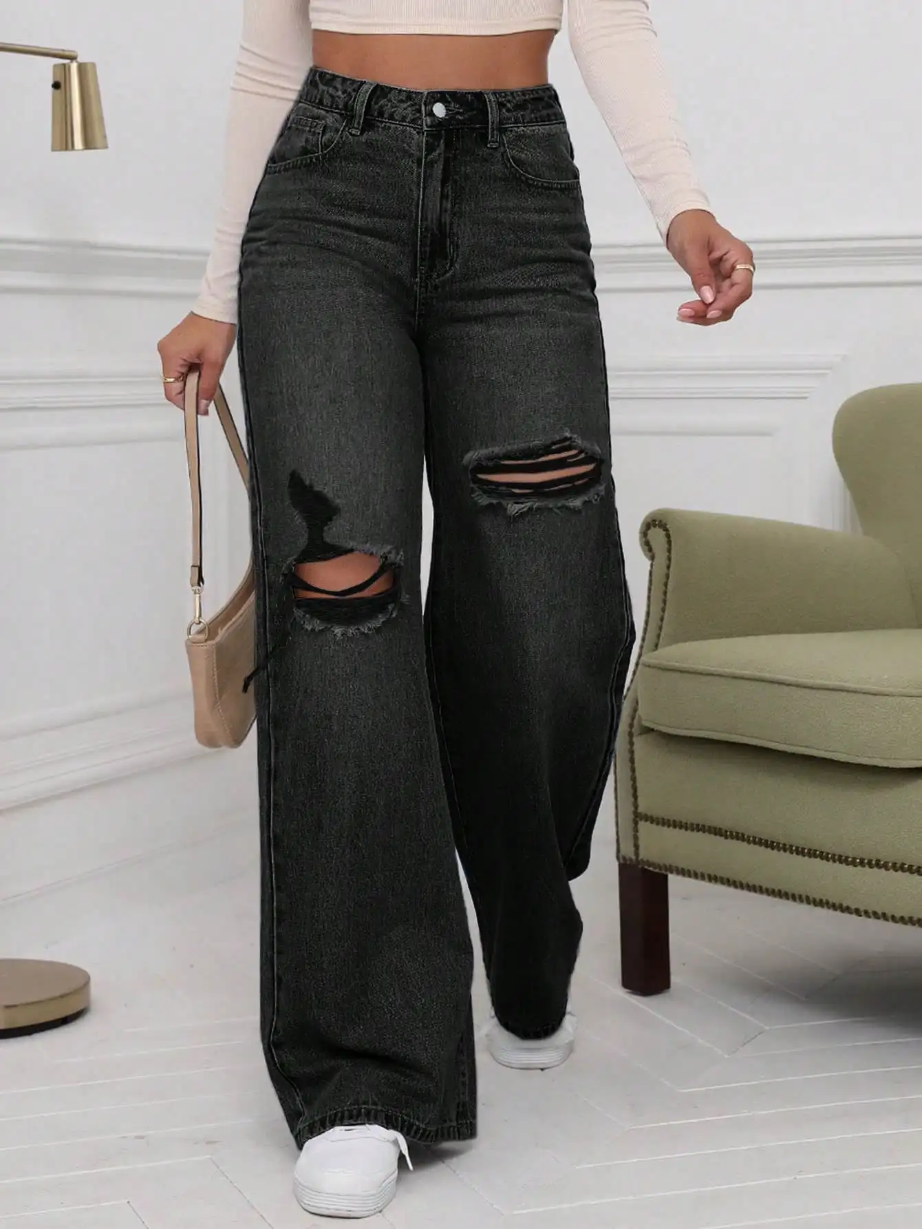 

Distressed Wide Leg Denim Jeans For Women High Waist Loose Fit