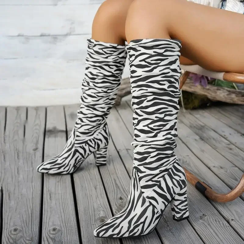 Autumn Winter 2025 Zebra-Pattern Knee High Boots Women Sexy Pointed Toe Thick High Heels Long Boots Woman Slip On Booties Shoes