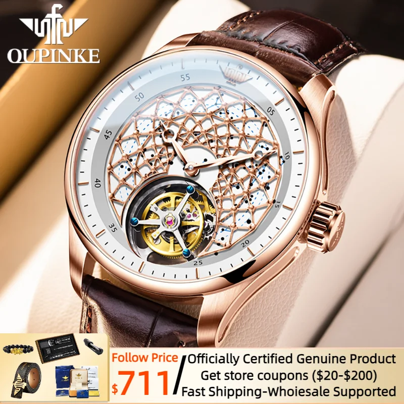 

OUPINKE Tourbillon Wristwatch Automatic Men Watches Skeleton Design Sapphire Mirror Original Leather Strap Watch for Man Luxury