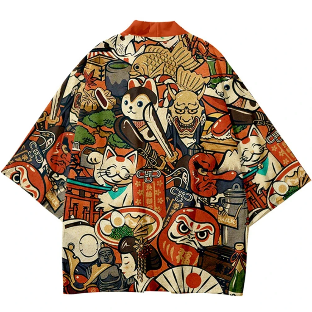 Cárdigan con estampado de Demon Samurai Cat para hombres y mujeres, ropa de calle, Kimono Haori tradicional, Top Yukata de playa japonés Harajuku