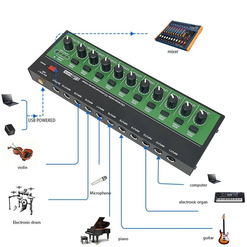 MX1002 10 Channels Stereo Headphone Amplifier Mini Portable Ultra Low Noise Audio Amplifier Earphone Splitter