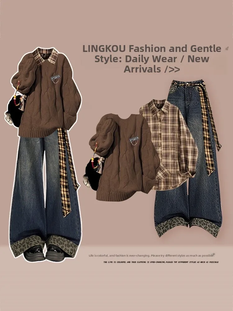 

plus Size Autumn Winter Vintage Knitted Sweater Set Women's Slimming Leopard Print Jeans High Waist Trousers Tee Piece Set