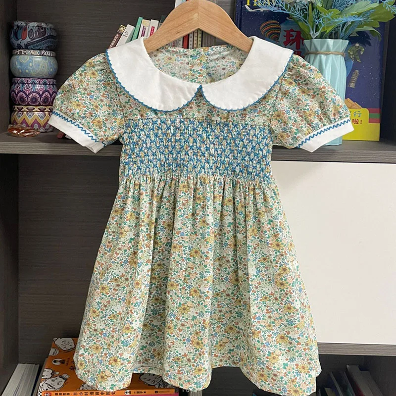 

Lovely Summer Floral Princess Dress Cotton Peter pan Collar Botton Puff Sleeve Kids Outfit Sweet Girls A-Line Party Dress