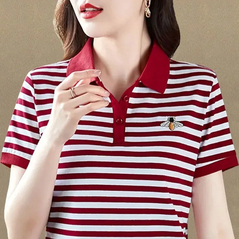 New Summer women\'s Stripe Splicing Contrast Color Polo Neck manica corta Plus Size pullover ricamo moda Casual top