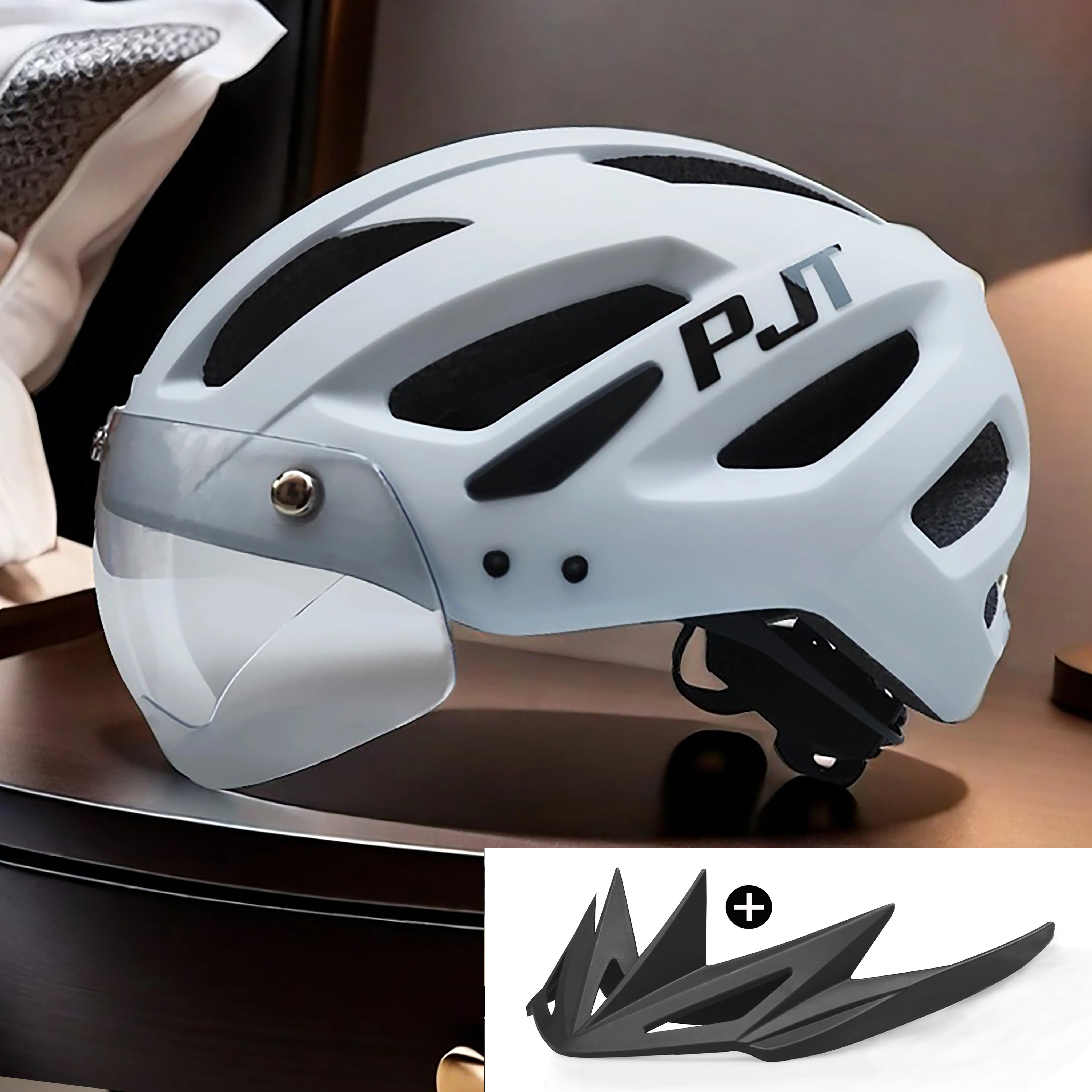 PJT Nieuwe LED Fietshelm Met Zonnebril Vizier Oplaadbare LED Heren Fietshelm Zonnebril Schild Road MTB Fietshelmen