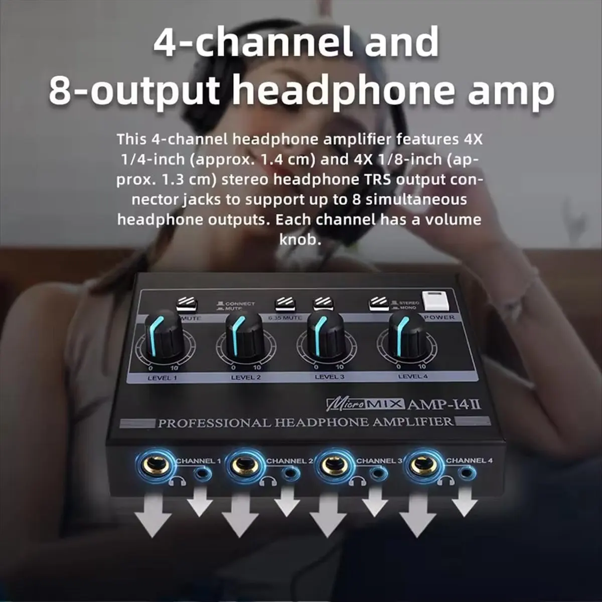 

M85K AMP‐I4II Профессиональный 4-канальный усилитель для наушников Аудио Компактный стереоусилитель + 6,35 мм 3,5 мм Входной регулятор громкости Вилка европейского стандарта