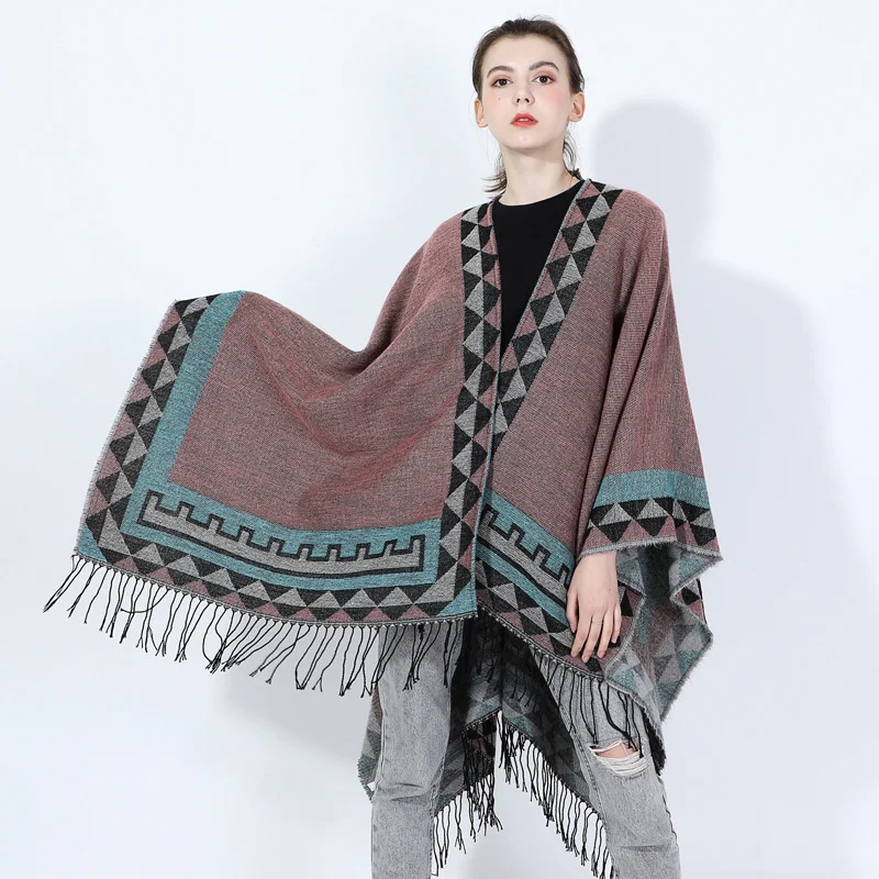 New Poncho Capes Women Winter Scarf Shawl Ladies Vintage Plaid Blanket Knit Wrap Cashmere Female Stripe Poncho