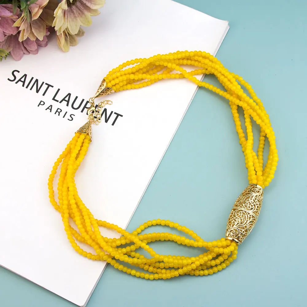 Neovisson Morocco Unique Yellow Jade Color Arabic Bride Jewelry Set Handmad Rope Belt Tassels Chain Long Beads Chain Necklace
