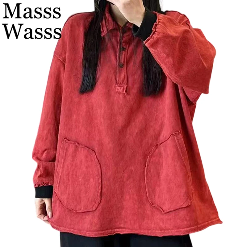 

Masss Wasss Brand 2025 Autumn Womens Vintage Classic Big Size Tshirts Ladies Loose Fashion Leisure Luxury Tops Elegant Clothes