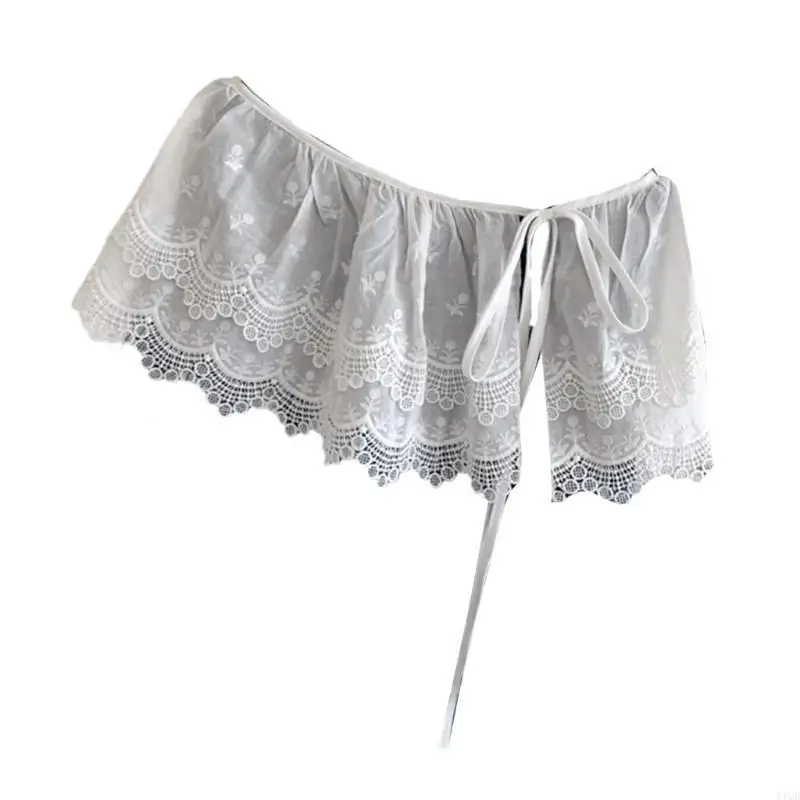 Frauen koreanische Stufe Rüschen Mini Schürze Rock Hollowout Blumenspitze Überdringung Hüftabdeckung Überträger Krawatte Taille