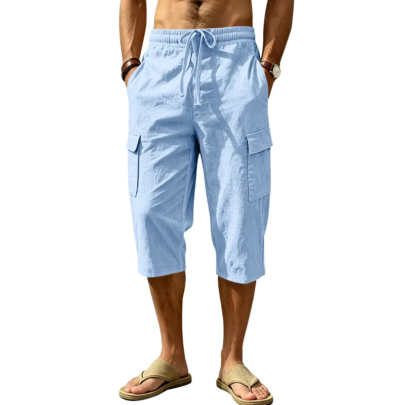 Europäische und amerikanische Sommer-Shorts aus Leinen für Herren, lässig, Outdoor, Arbeitskleidung, Pendler, Sport, Multi-Pocket, 7/8-Länge – Detail 31
