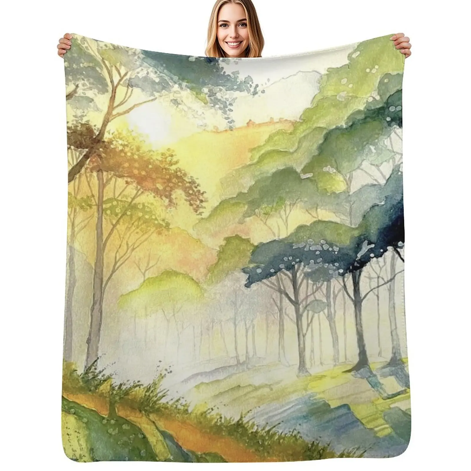 Original watercolour of a misty mountain sunrise. Throw Blanket Custom Stuffeds Quilt blankets and throws warm winter Blankets