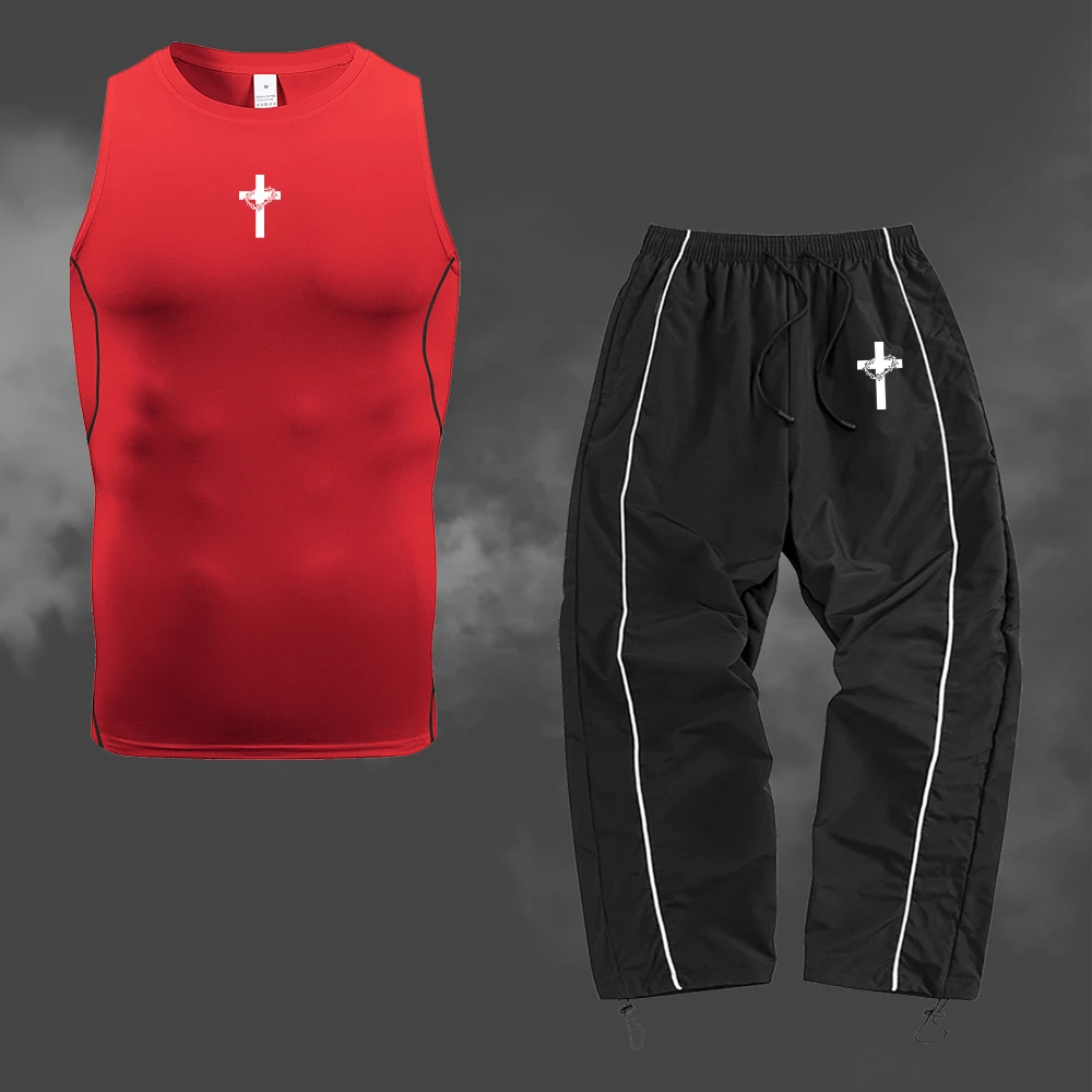 Men's Cross Print Sports Suit Compression Vest With Drawstring Trouser Summer Outdoor Running Cycling Casual Training Set