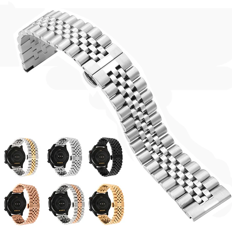 Stainless steel strap 20mm 22mm five bead solid metal watchband Universal 22mm for huawei watch gt 42/44mm UTHAI