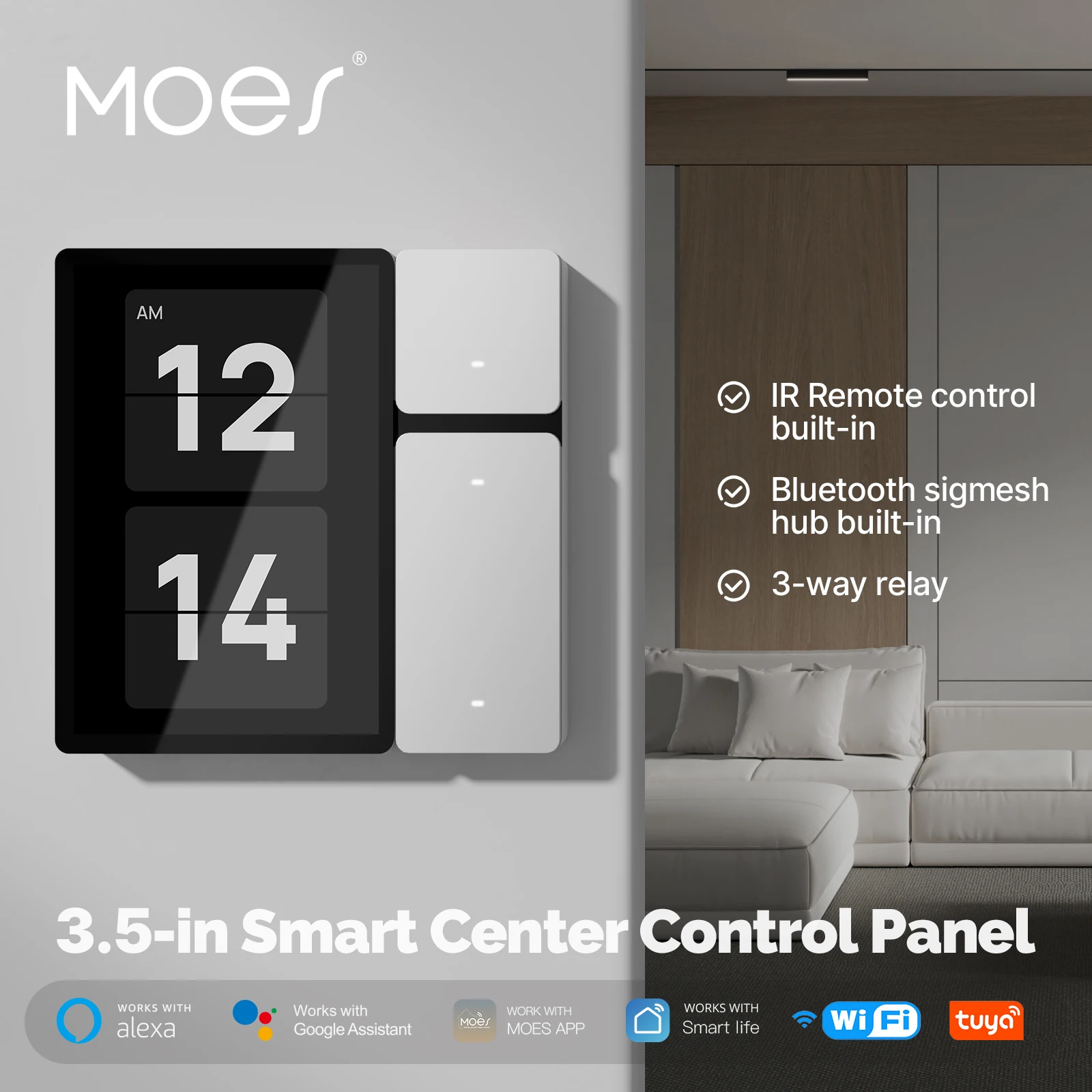 MOES Tuya WiFi Tela de painel de controle inteligente de 3,5 polegadas 3 relés 3 botões físicos Controle remoto IR Bluetooth Sigmesh Hub embutido